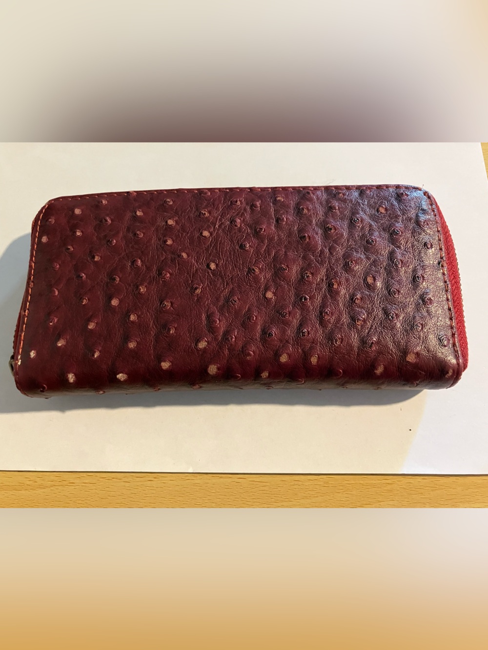 Women’s Ostrich-Textured Zip Wallet in Wine Red